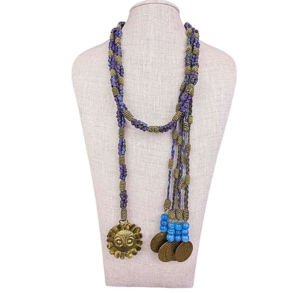 Handcrafted Multi-Color Braided Necklace With Brass Accents & Sunflower Pendant